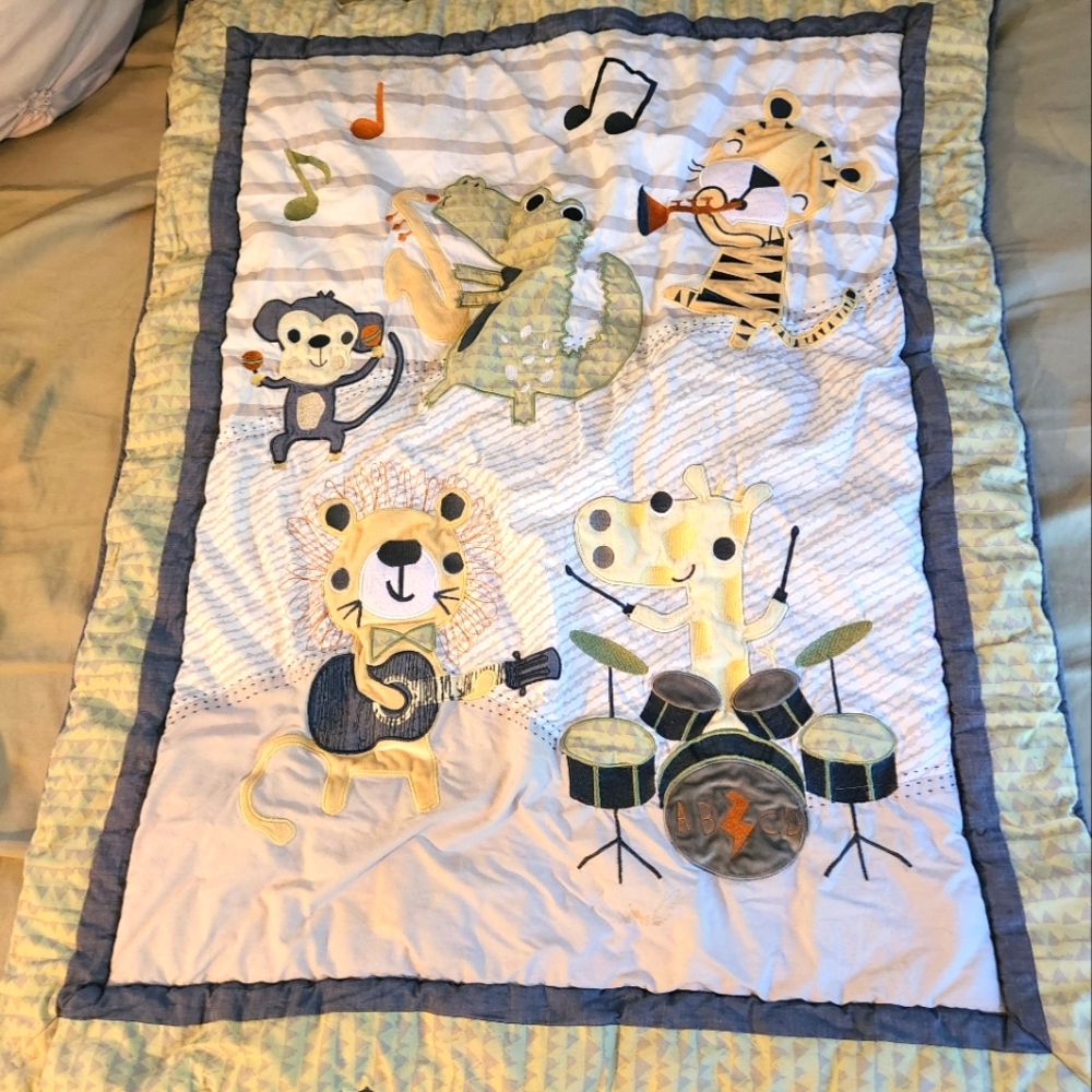 Crib Bed Set Rock n Roll animals. Comforter, bed skirt & valance. Gender Nuetral